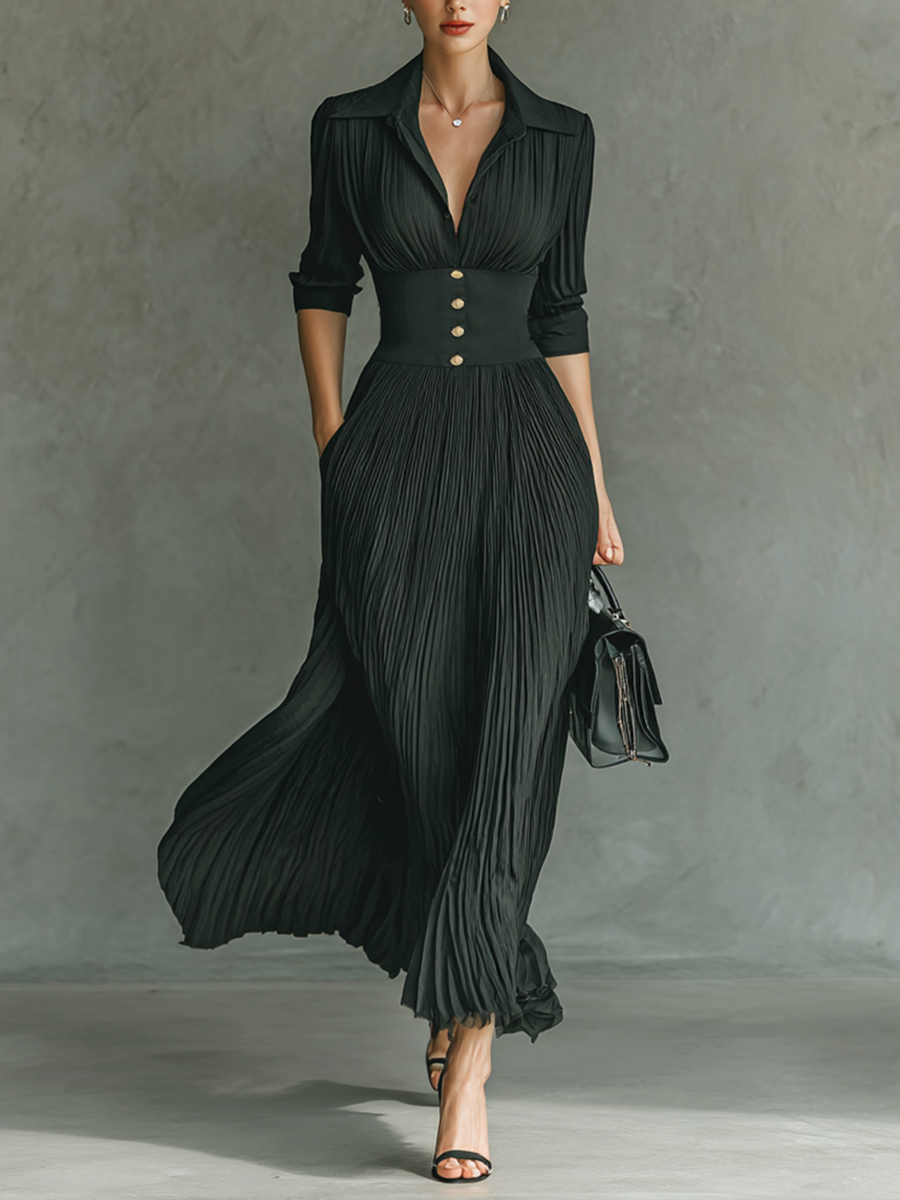 Grace™ | Long Pleated Lapel Dress
