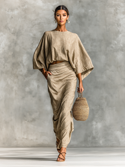 Cristina | Cotton and Linen Long Sleeve Two-Piece Skirt Set