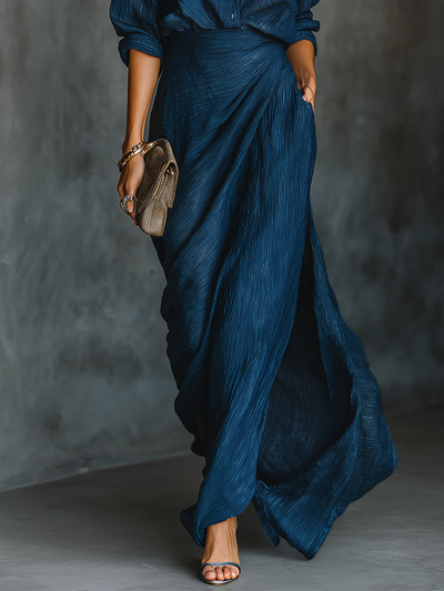Valeria | Ensemble élégant chemise et jupe longue en mélange coton-lin bleu foncé
