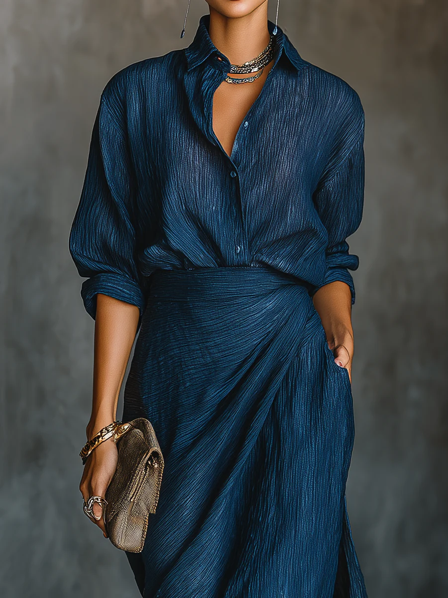 Valeria | Ensemble élégant chemise et jupe longue en mélange coton-lin bleu foncé