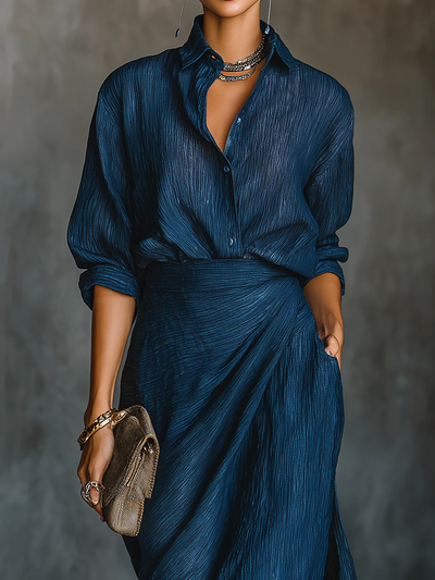 Valeria | Ensemble élégant chemise et jupe longue en mélange coton-lin bleu foncé
