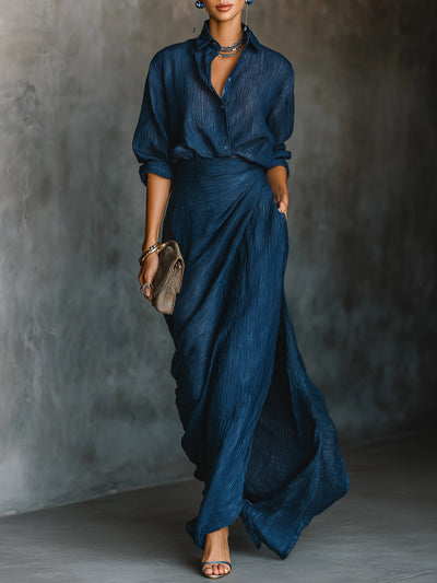 Valeria | Ensemble élégant chemise et jupe longue en mélange coton-lin bleu foncé